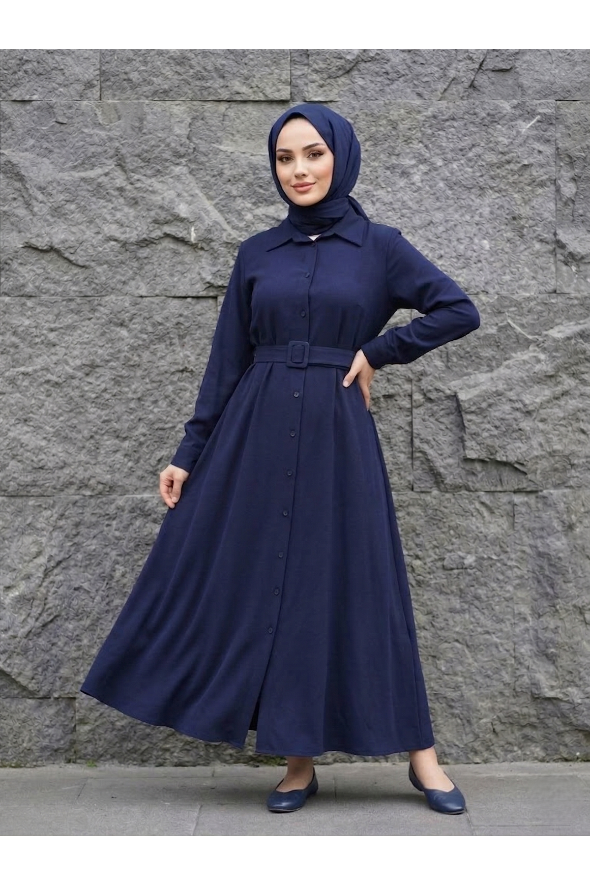 Kaplama Kemer Detay Elbise-Lacivert