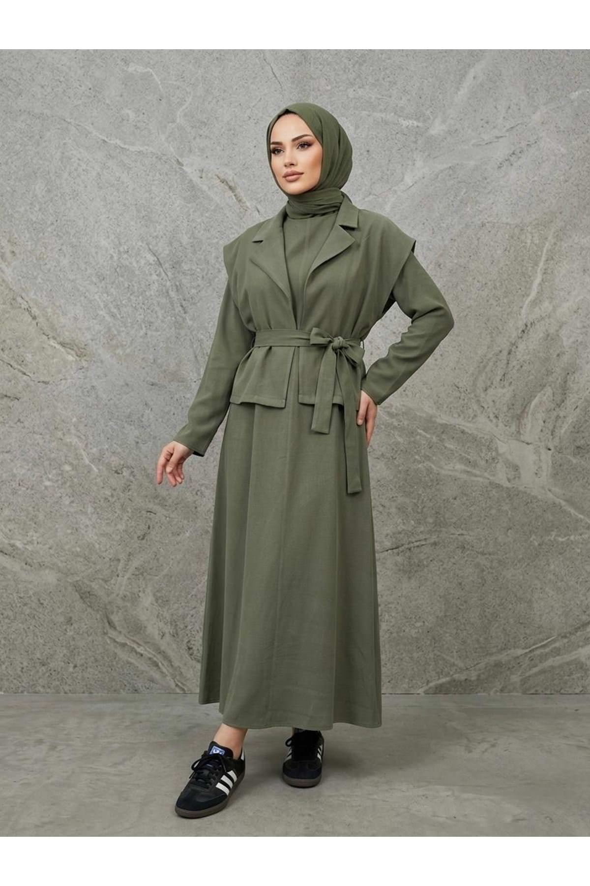 Yelekli İkili Elbise-Haki