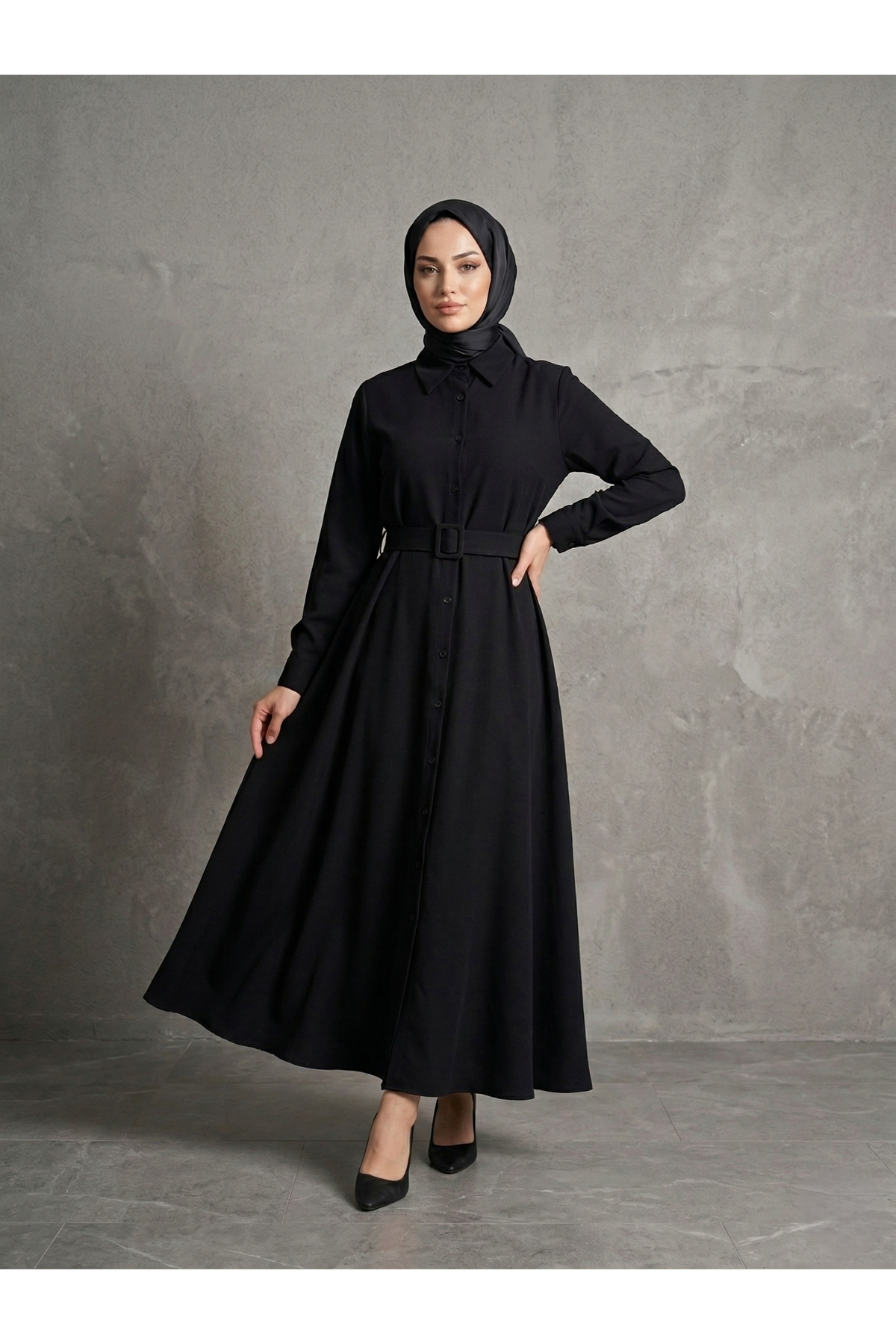 Kaplama Kemer Detay Elbise-Siyah