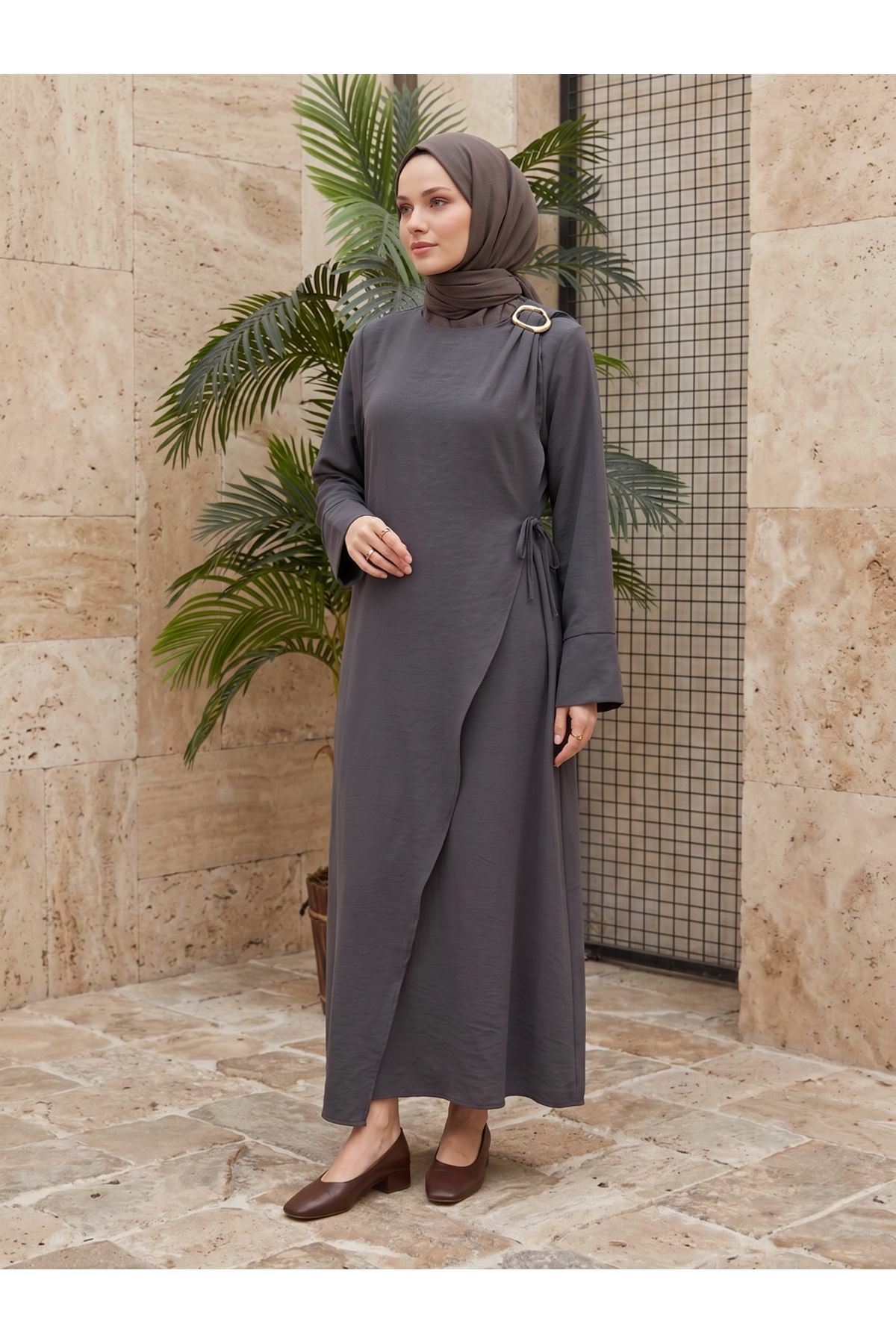 Omuz Pİle Toka DetayTensel  Elbise-Antrasit