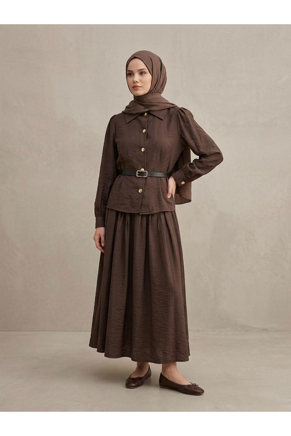 Ön Arka Pensli Kemer Detay Etekli Takım-Kahve