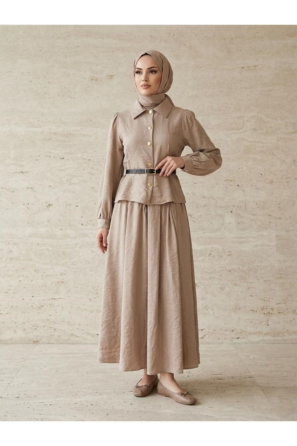 Ön Arka Pensli Kemer Detay Etekli Takım-Vizon