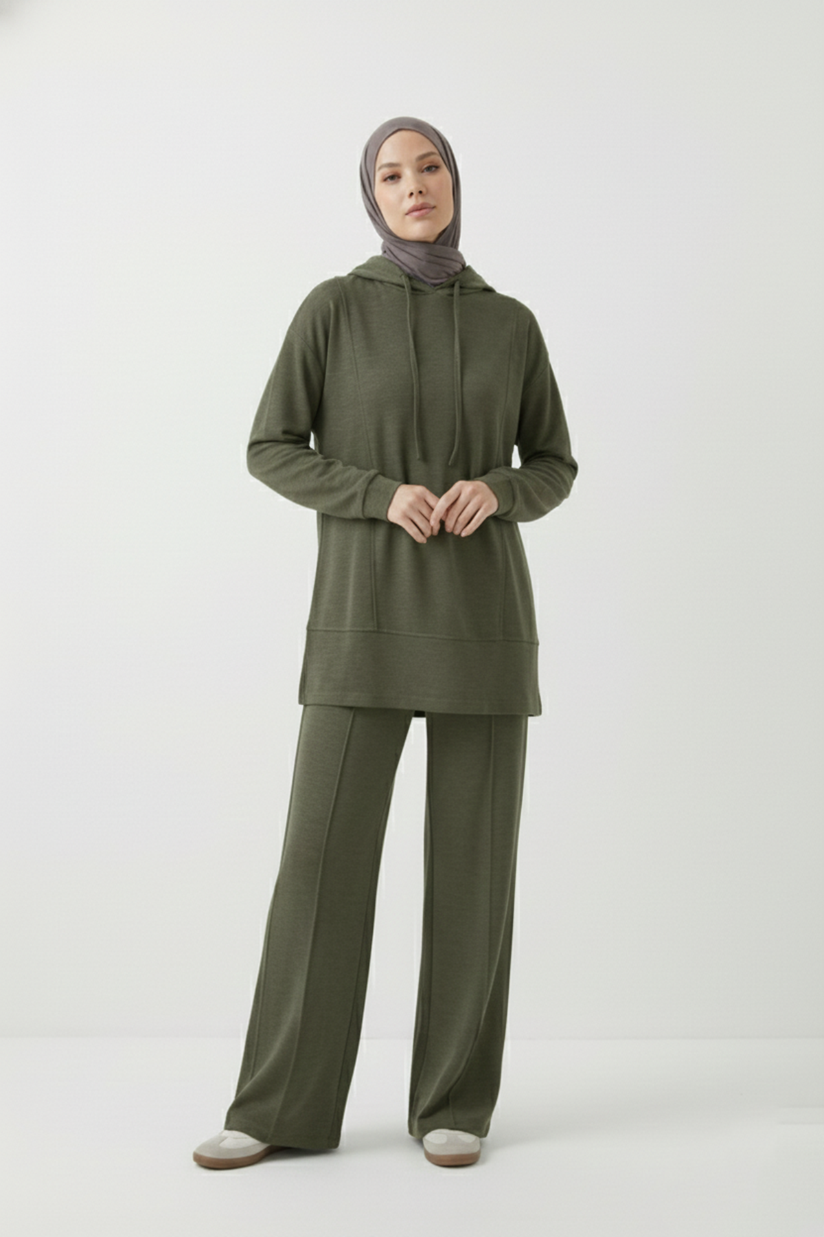 Kapşonlu Ön Parçalı Pantolonlu Takım-Haki