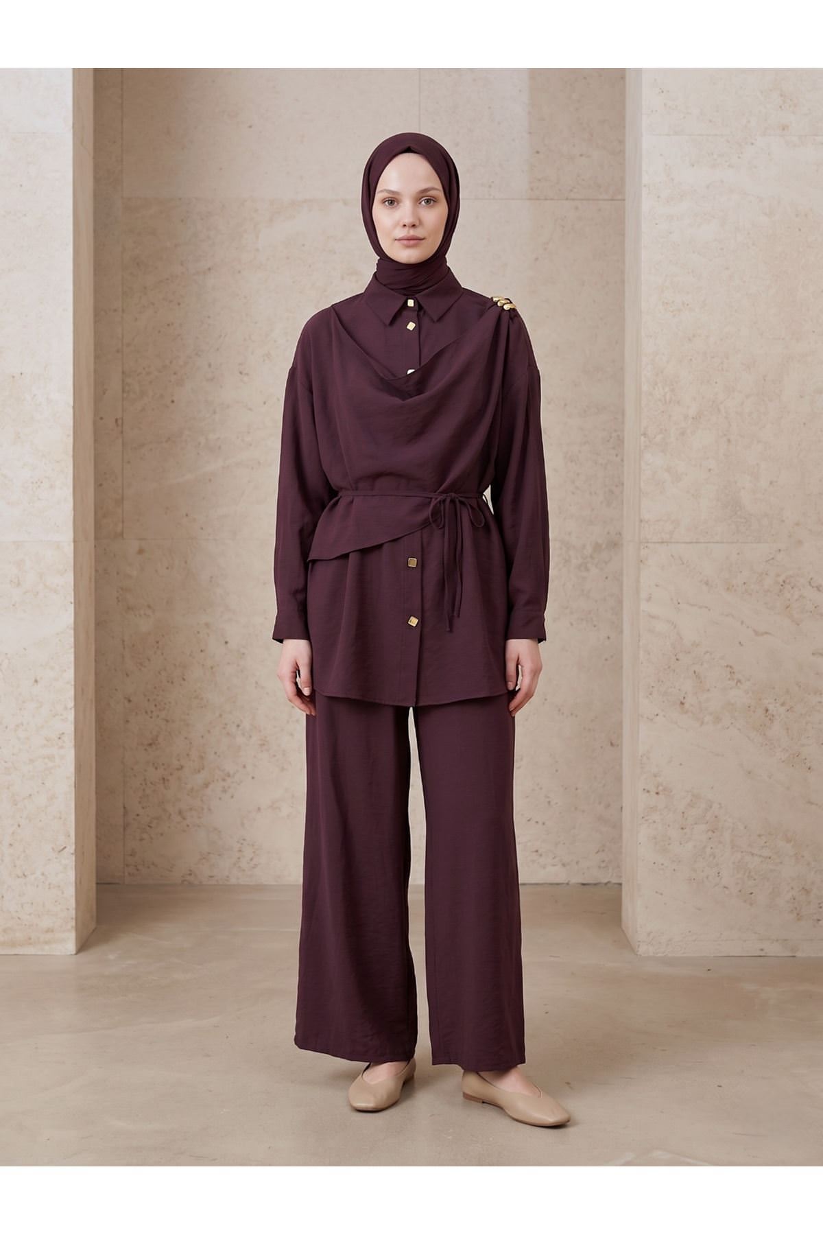 Omuz Toka Detay Aller Pantolonlu Takım-Bordo
