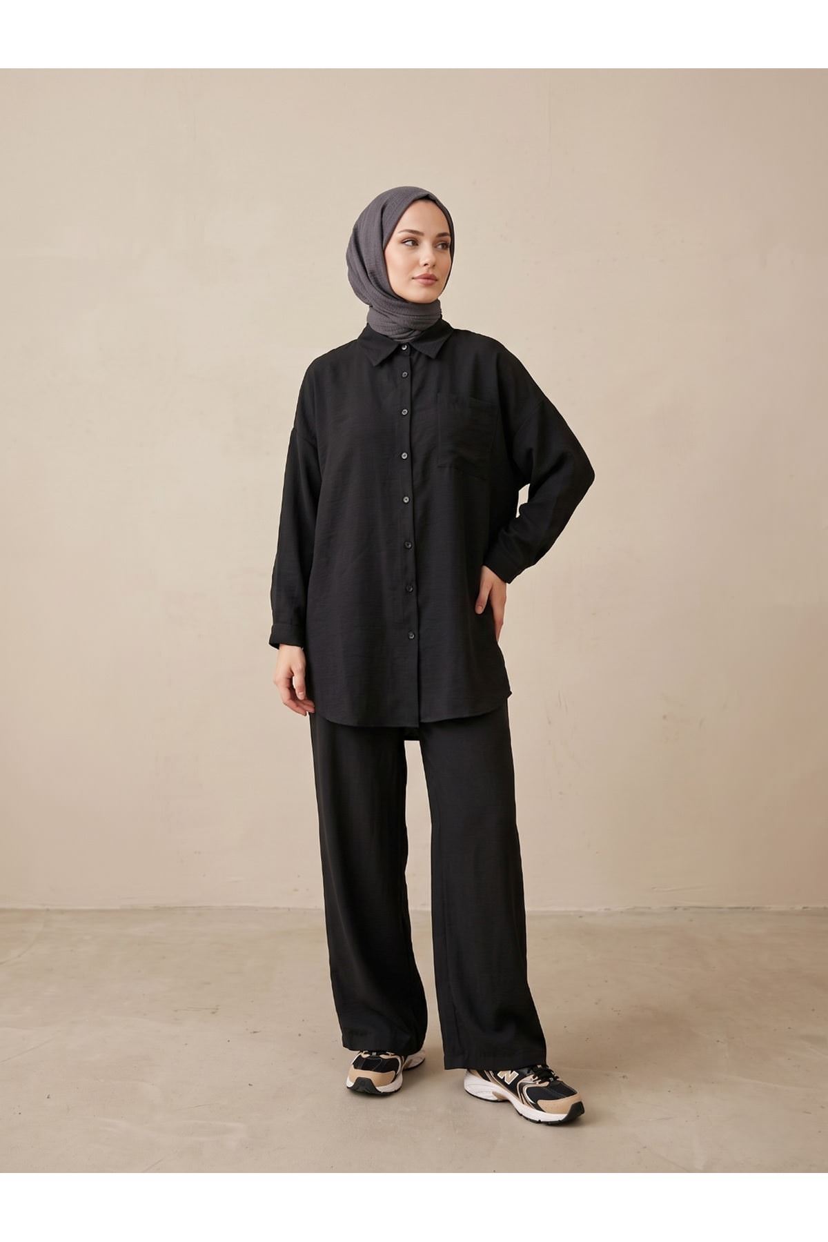 Cep Detay Pantolonlu Takım-Siyah