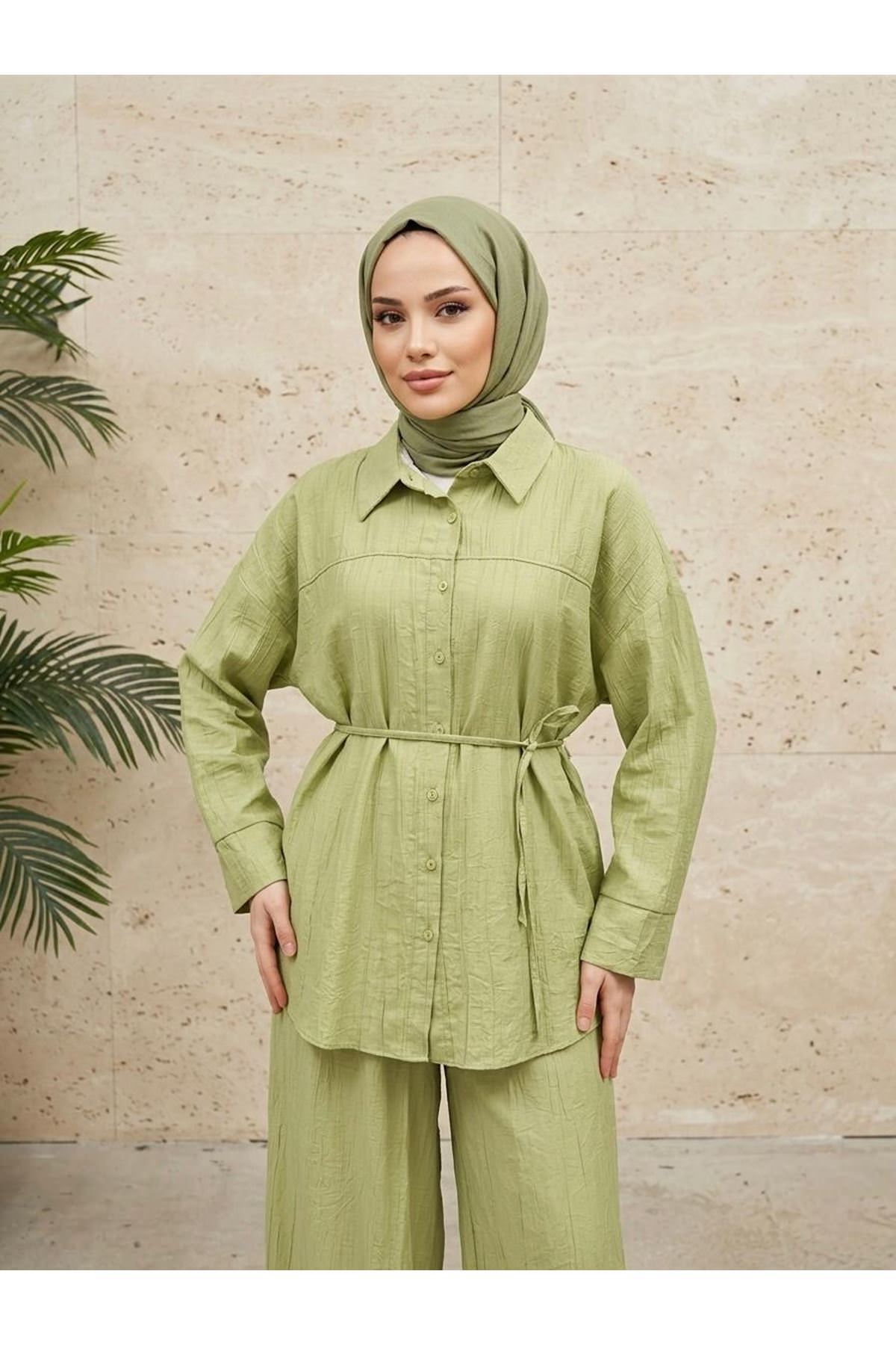 Ön Roba Detay Pantolonlu Takım-YAĞ YEŞİLİ