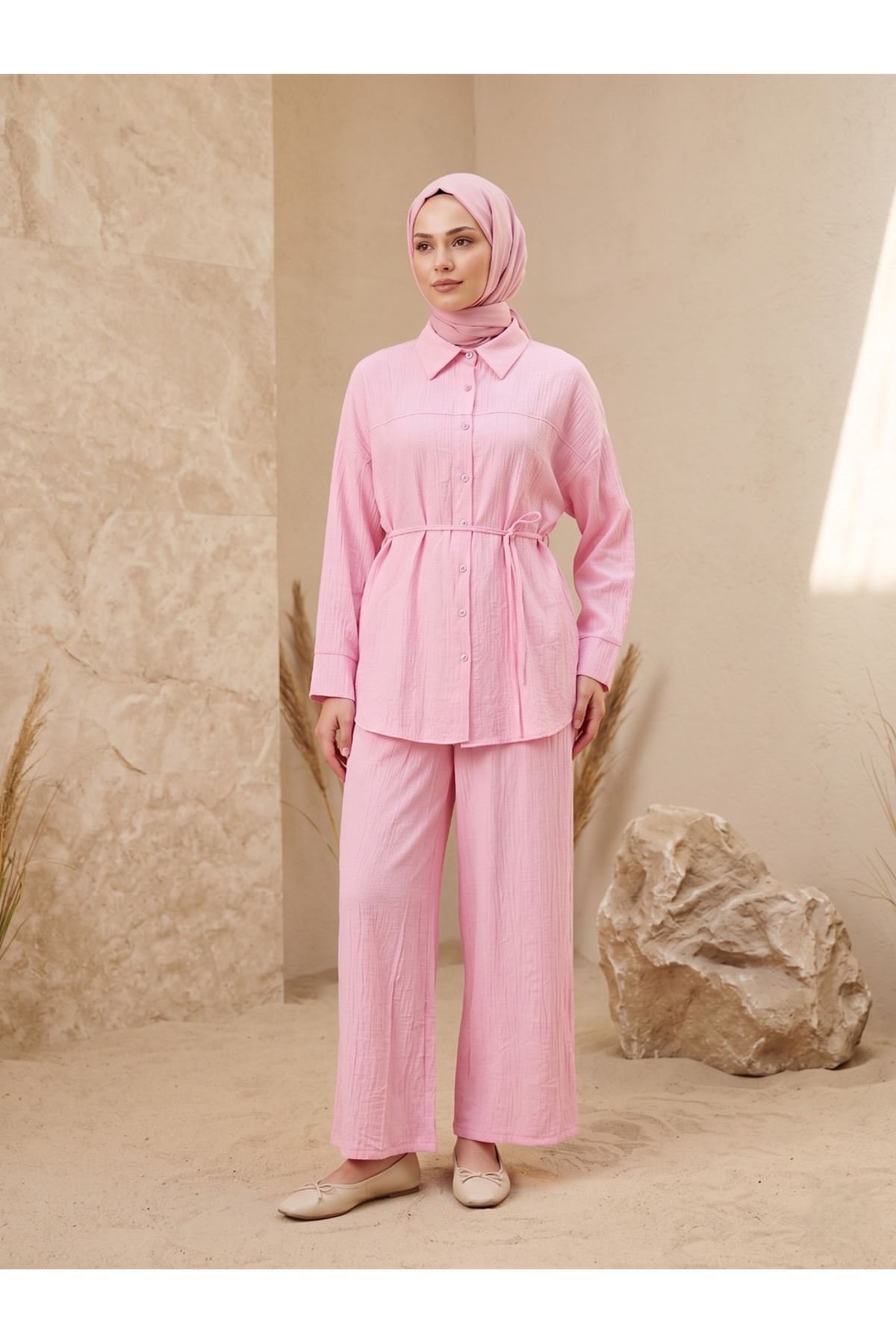 Ön Roba Detay Pantolonlu Takım-Pembe