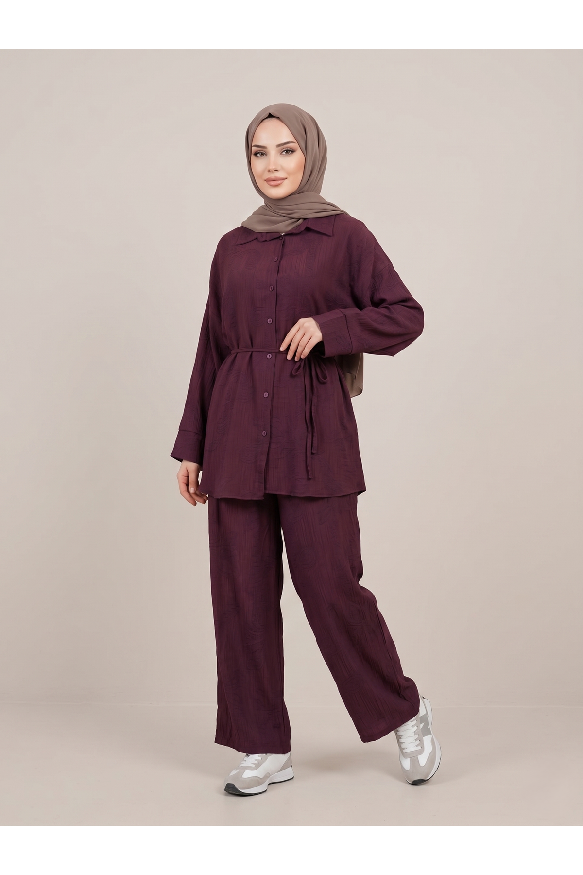 Takma Manşet Pantolonlu Takım-Bordo