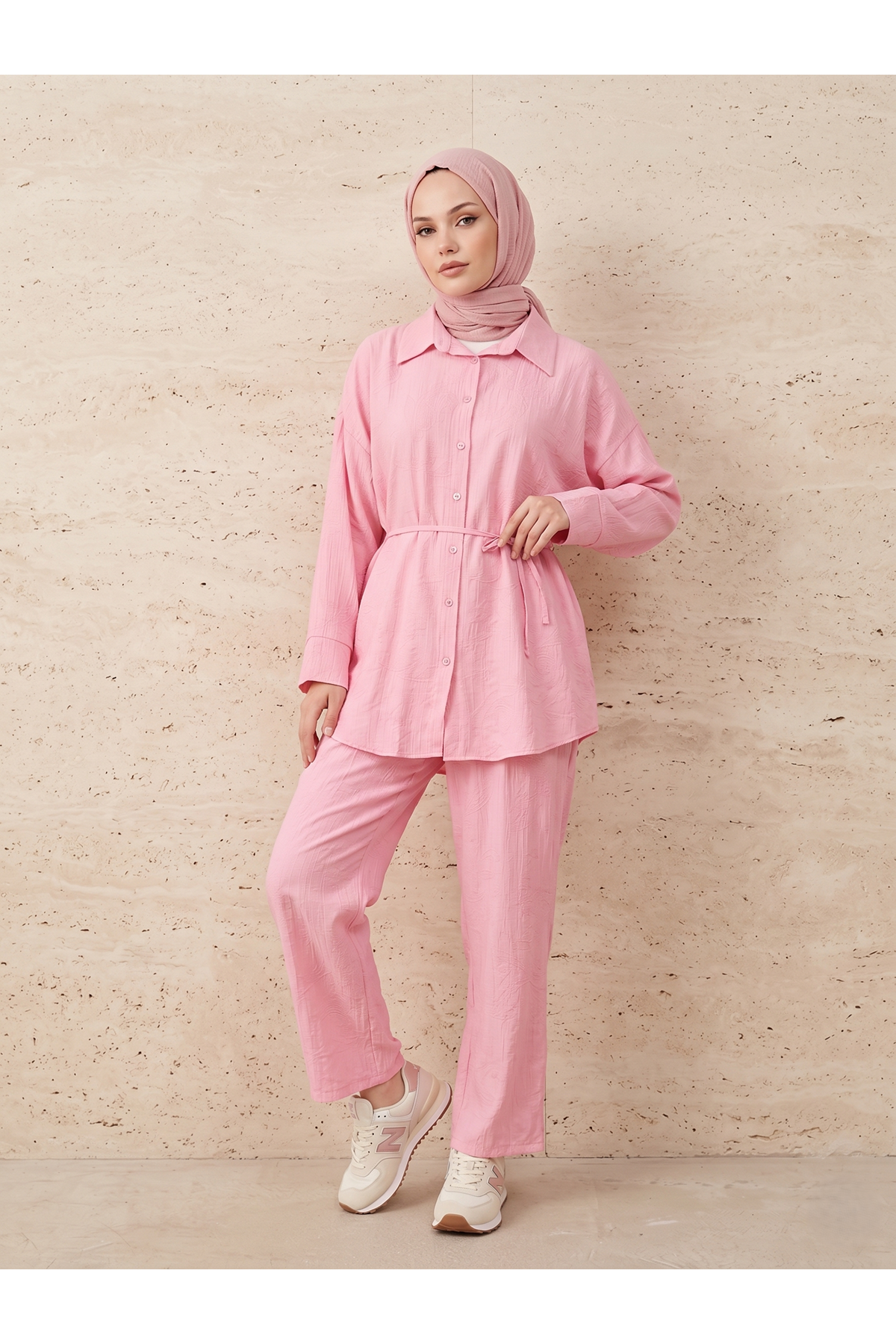 Takma Manşet Pantolonlu Takım-Pembe