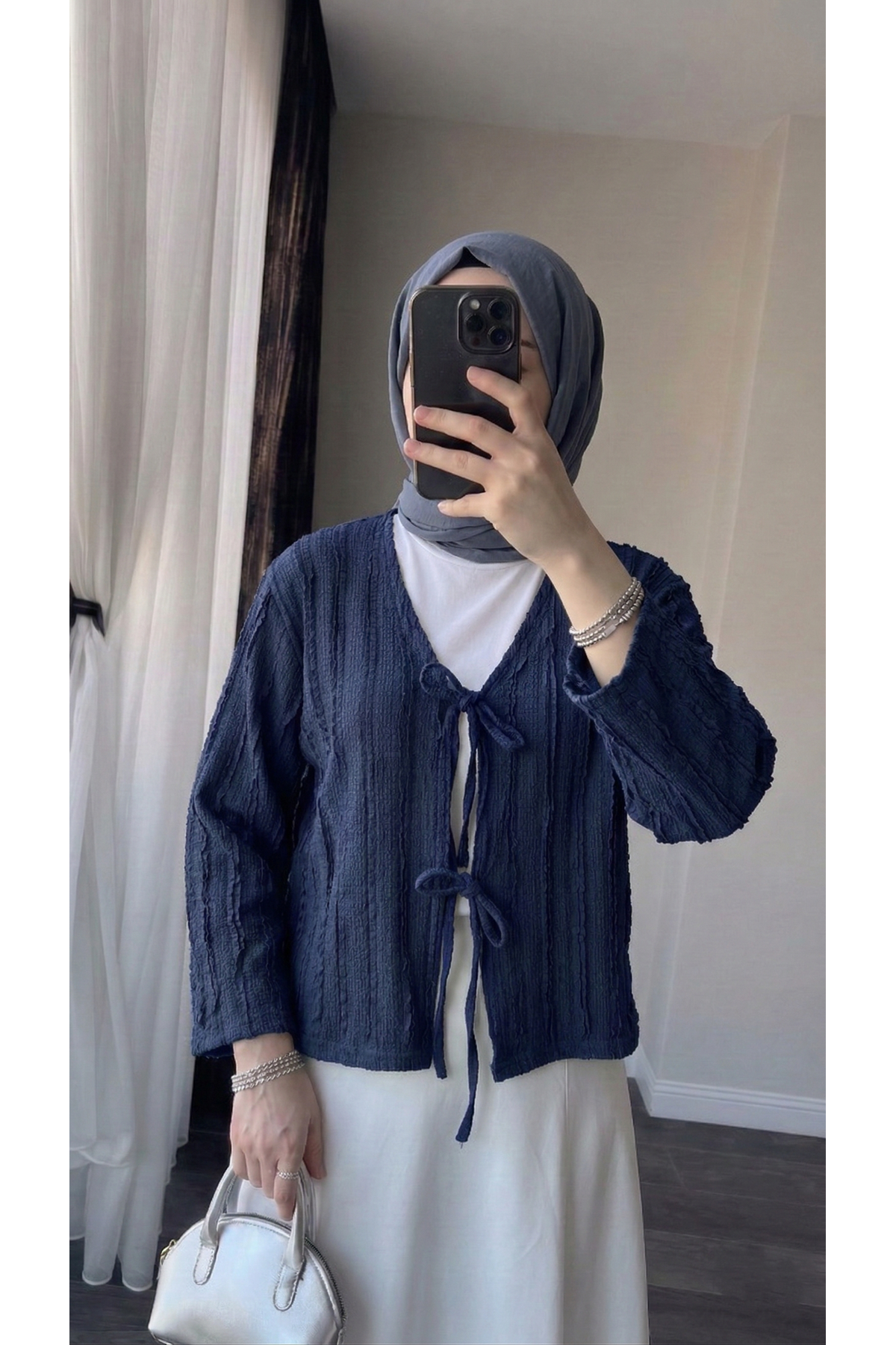 Pileli Ön İki Bağlamalı Tunik-Lacivert