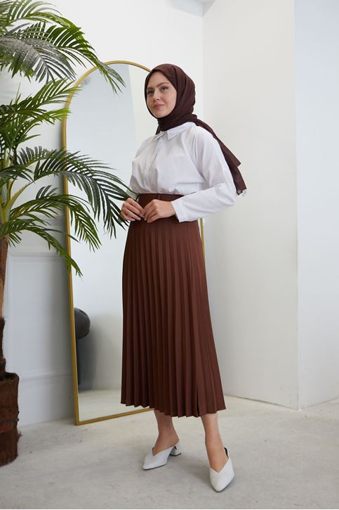 Kadın Soley Pilise Detaylı Yazlık Uzun Tesettür Etek-Kahve