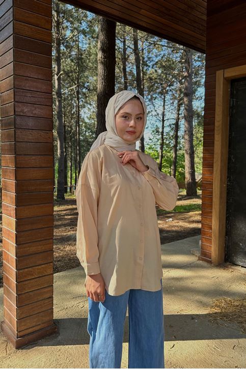 Düğmeli Poplin Gömlek-Bej