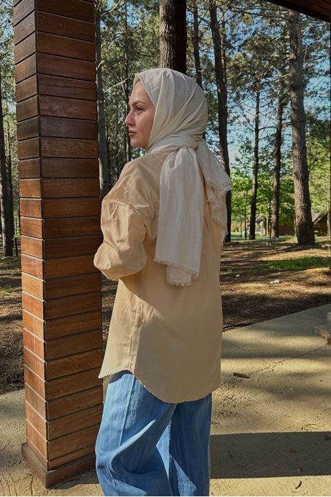 Düğmeli Poplin Gömlek-Bej