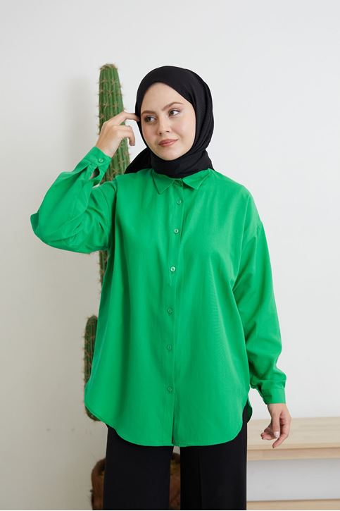 Düğmeli Poplin Gömlek-Yeşil