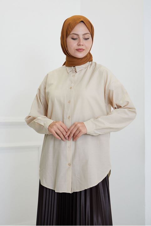 Düğmeli Poplin Gömlek-Taş