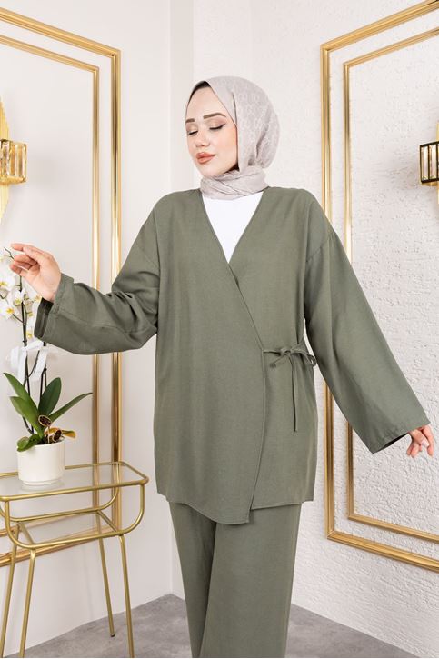 Yan Bağlamalı Pantolonlu Takım-Haki