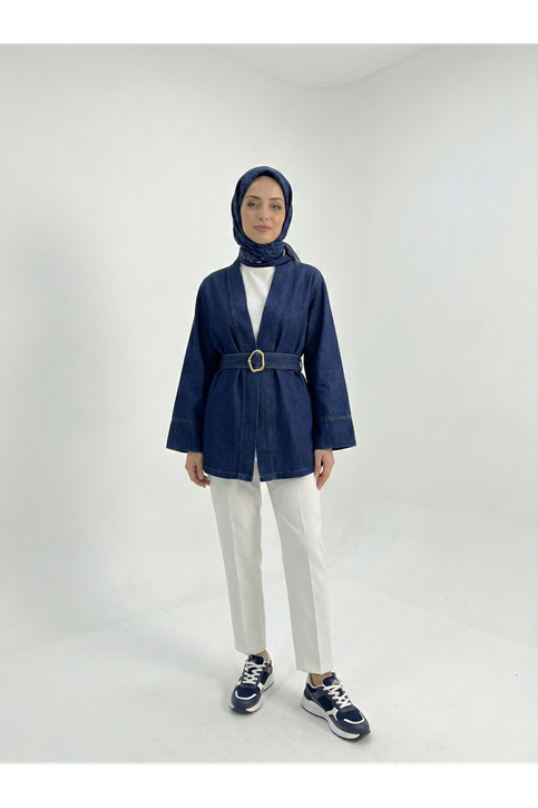 Geniş Manşet Kot Ceket-Lacivert