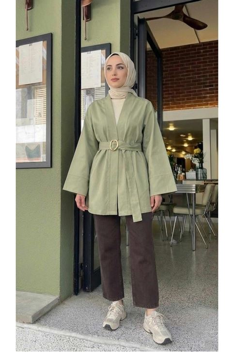 Geniş Manşet Kuşak Detay Ceket-Mint