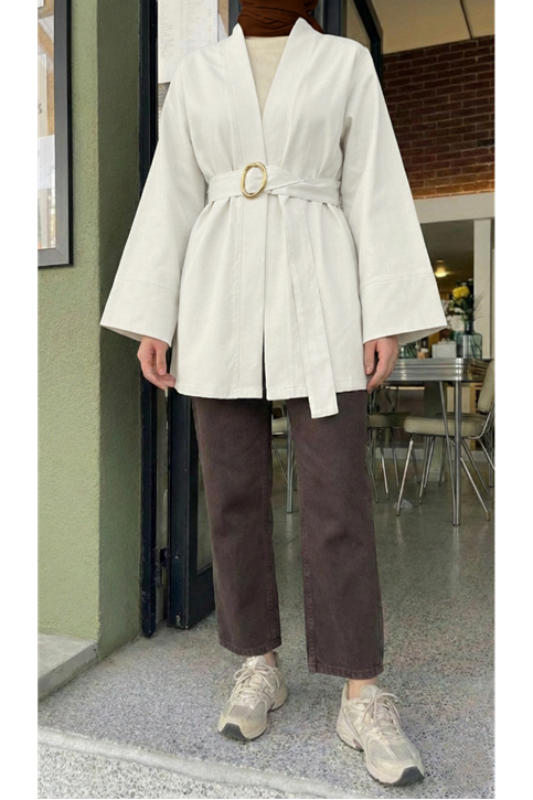 Geniş Manşet Kuşak Detay Ceket-Ekru