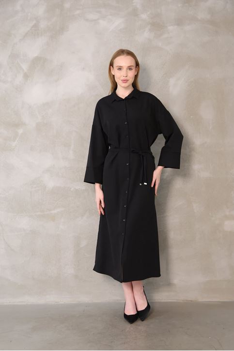 Takma Manşet Dabıl Elbise-Siyah