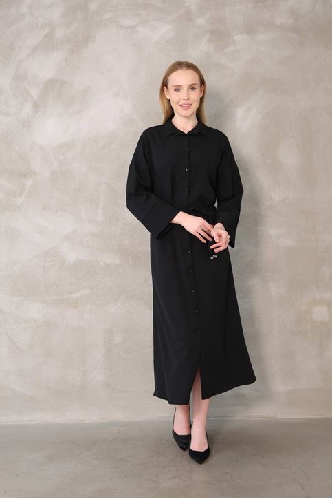 Takma Manşet Dabıl Elbise-Siyah