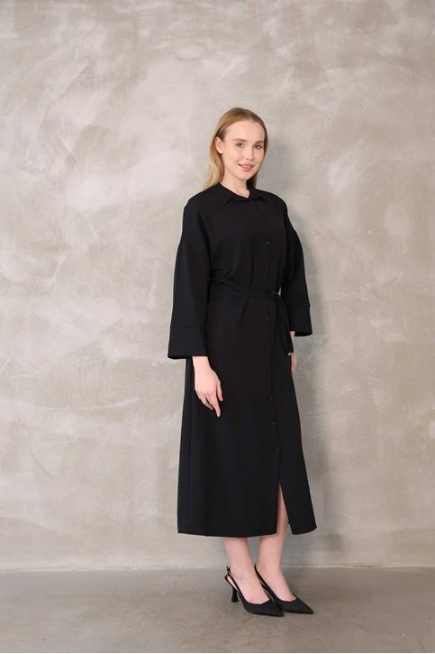 Takma Manşet Dabıl Elbise-Siyah