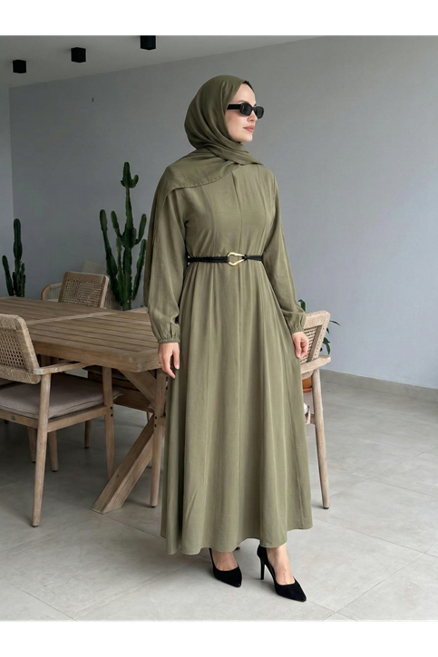 Parçalı Toka Detay Elbise-Haki