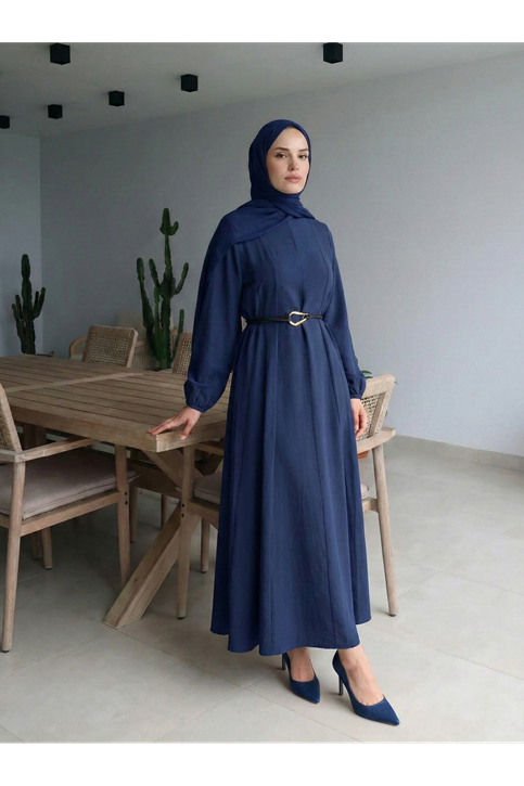 Parçalı Toka Detay Elbise-Lacivert