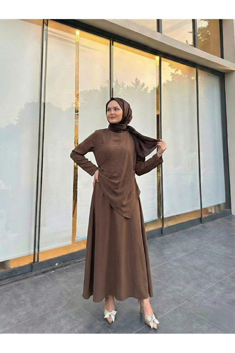 Aller Yandan Aksesuarlı Elbise-Kahve