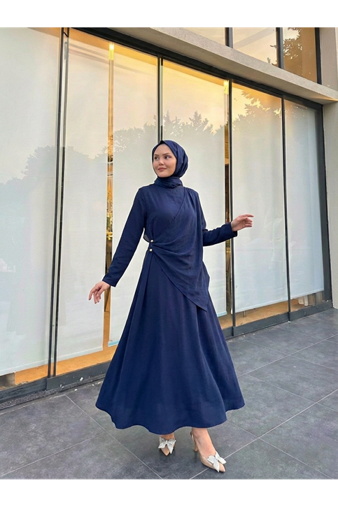 Aller Yandan Aksesuarlı Elbise-Lacivert