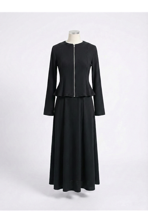 Fermuar Detay Ön Parçalı Takım-Siyah