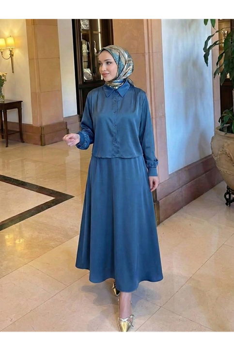 Omuz Pile Detay Saten Etekli Takım-Petrol Mavisi