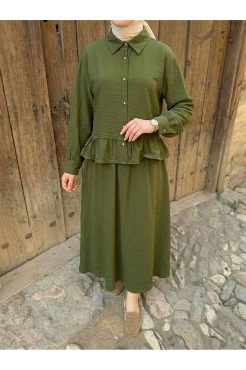 Büzgü Detay Etekli Takım-Haki