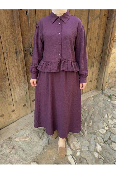 Büzgü Detay Etekli Takım-Mürdüm