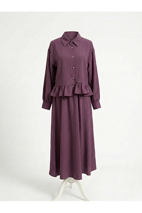 Büzgü Detay Etekli Takım-Mürdüm