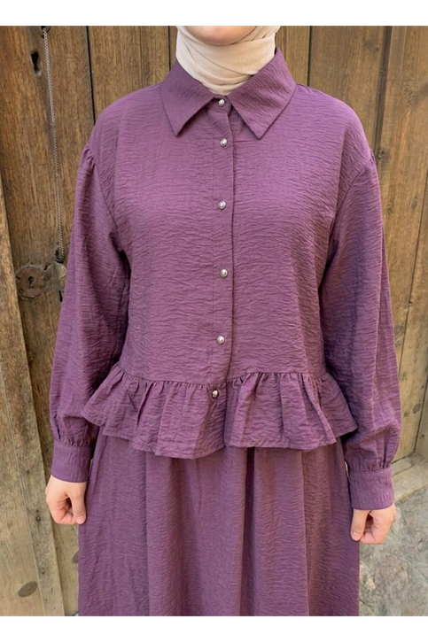 Büzgü Detay Etekli Takım-Mürdüm