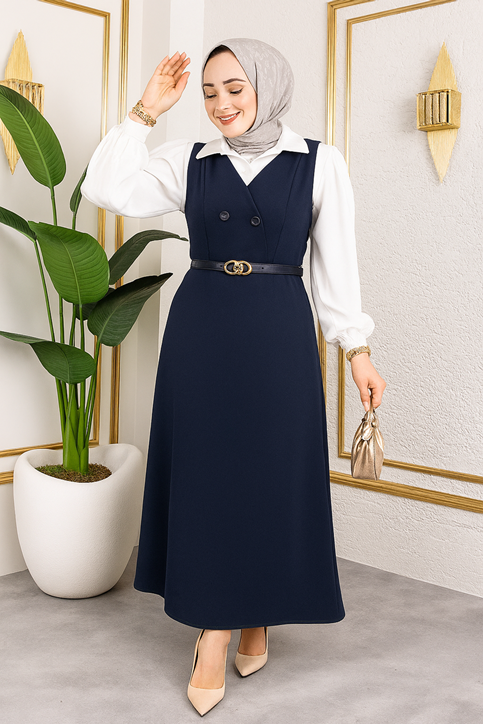 Düğme Detay Jile-Lacivert