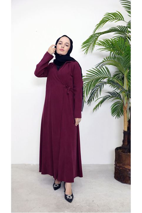Yakalı Yandan Bağlamalı Elbise-Bordo