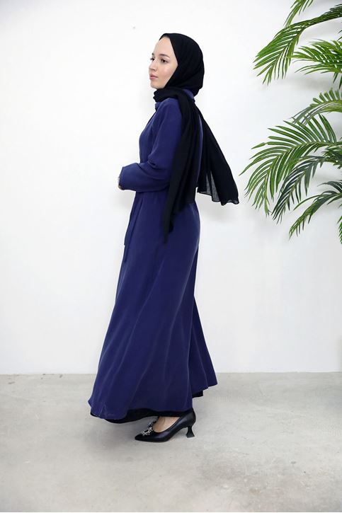 Yakalı Yandan Bağlamalı Elbise-Lacivert