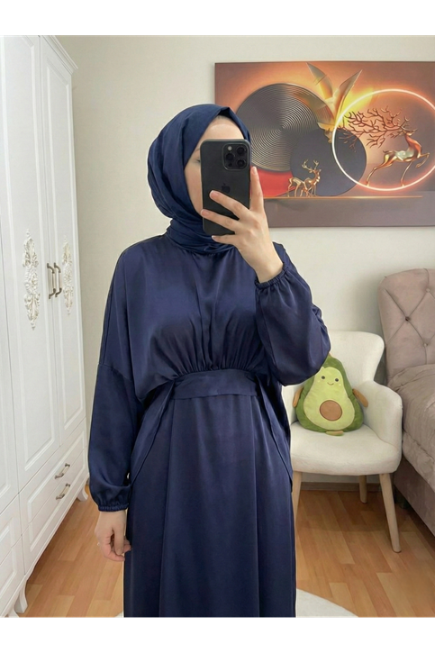 Bağlama Detaylı İkili Saten Elbise-Lacivert