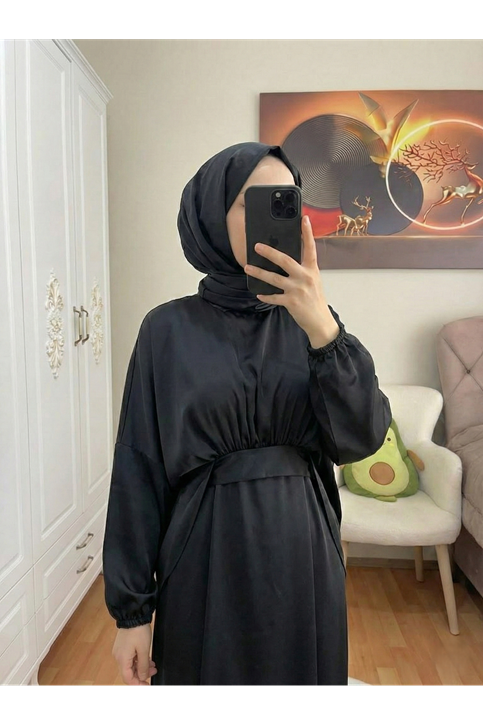 Bağlama Detaylı İkili Saten Elbise-Siyah
