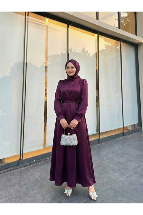 Kuşak Detay Saten Elbise-Mürdüm
