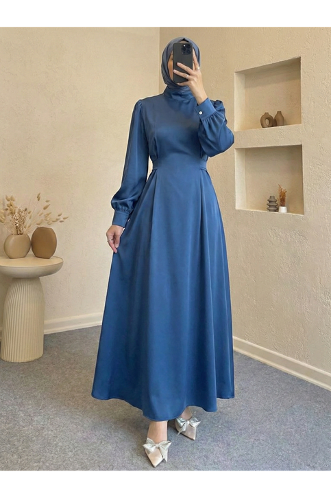 Kuşak Aksesuar Detay Saten Elbise-Petrol Mavisi