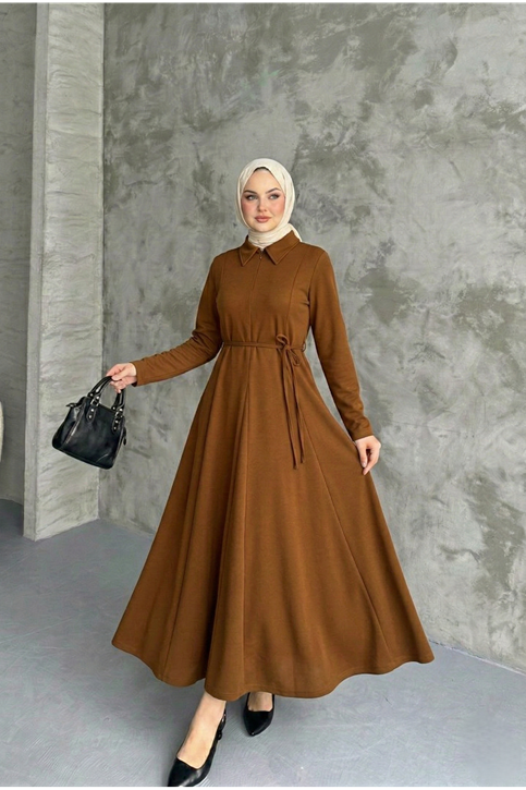 Yaka Fermuar Detay Elbise-Taba