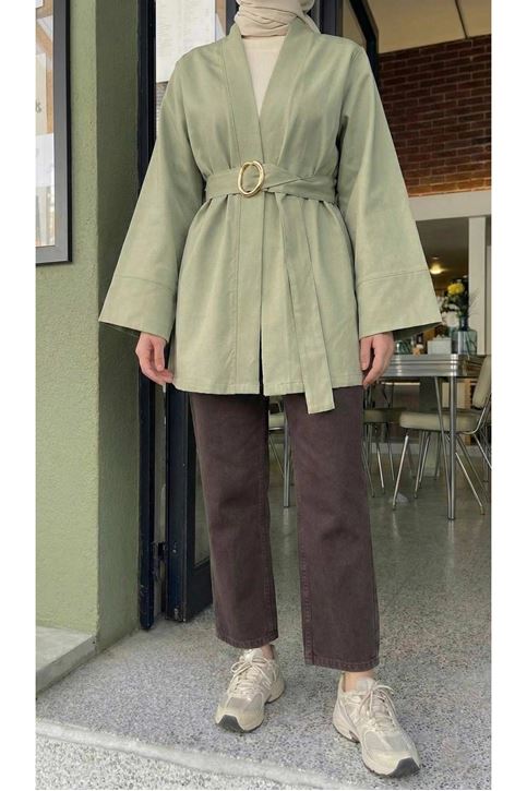 Geniş Manşet Kuşak Detay Ceket-Mint