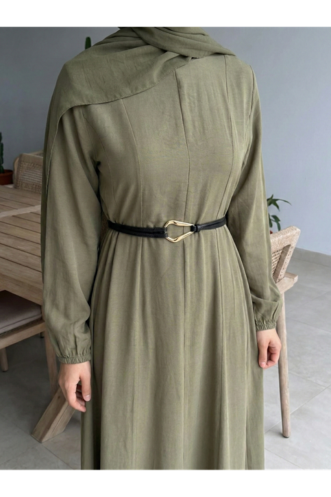 Parçalı Toka Detay Elbise-Haki