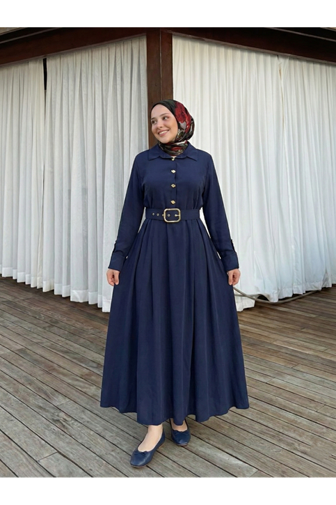 Yarım Pat Kaplama Kemer Detay Elbise-Lacivert