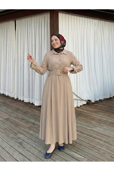 Yarım Pat Kaplama Kemer Detay Elbise-Vizon