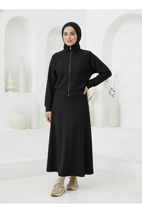 Fermuar Detay Etekli Takım-Siyah