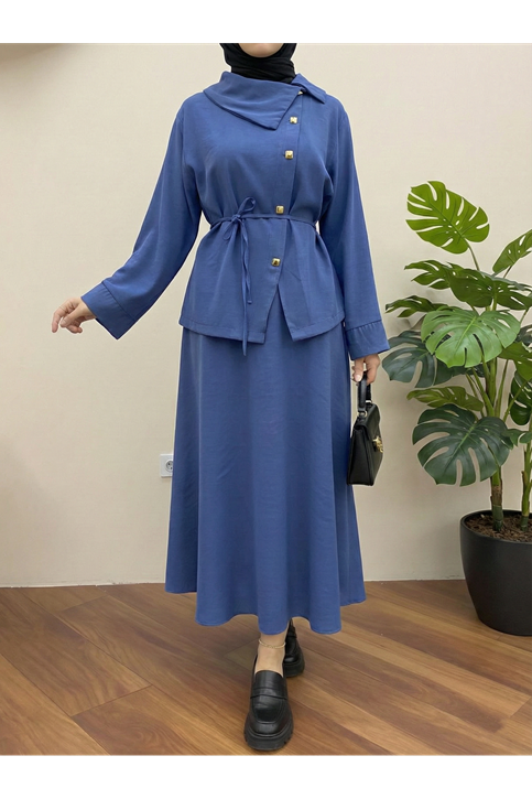 Çapraz Düğmeli Etekli Takım-İndigo
